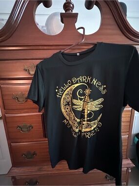 Black Graphic Tee with Gold Dragonfly & Moon Design